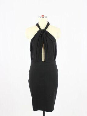 BEC & BRIDGE Black Draped Satin Twist Front Ponte Knit Sheath Dress, Size 6